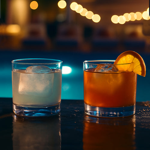 Two cocktails on a reflective surface with blurred lights in the background